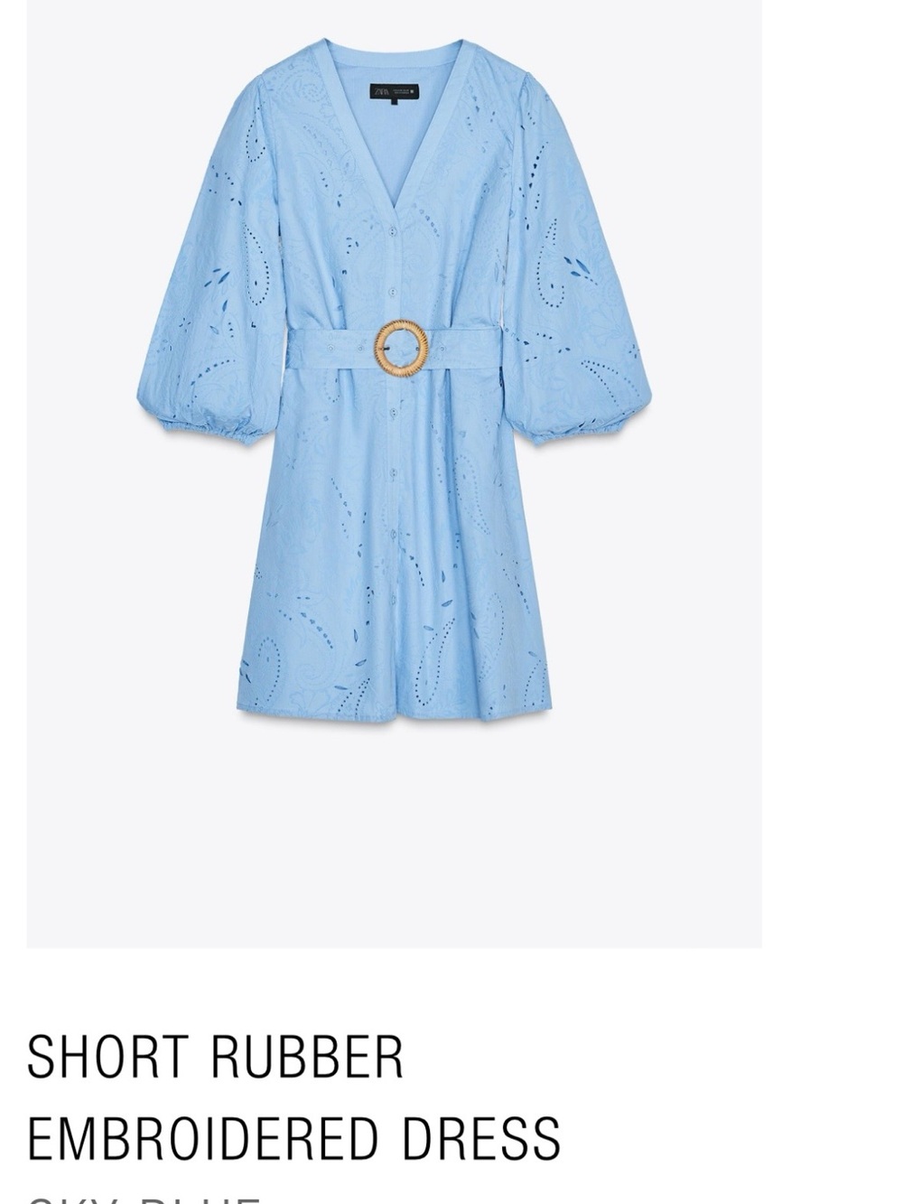 Zara Sky Blue Eyelet V-Neck Dress with Belt